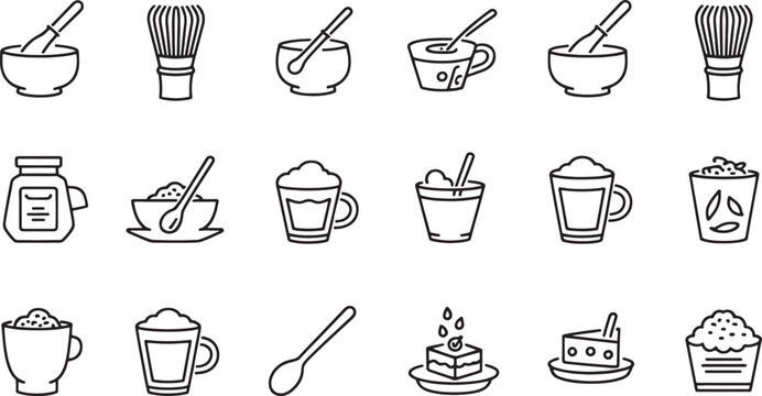 Collection of black line art icons for matcha tea preparation and desserts chasen chashaku