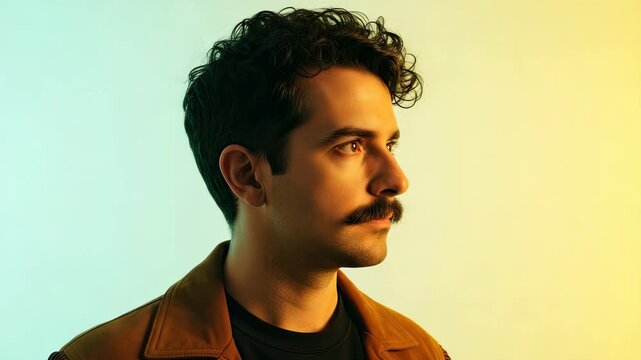 Triptych banner showing a profile portrait of a stylish young adult man with a mustache. Handsome male model with curly hair posing on a colorful gradient background
