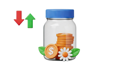 Money Jar with Growing Coins and Up Down Arrows on transparent background