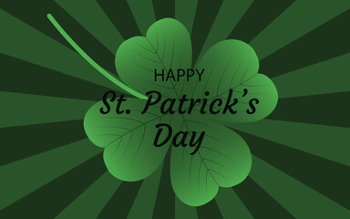 Festive horizontal background for St. Patrick's Day. Vector illustration. Green clover leaf and the text "Happy St. Patrick's Day" on a green background with rays. Rectangular banner for the sale.