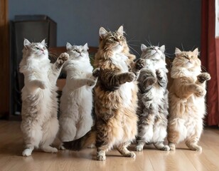 Five fluffy cats standing upright, gazing upward in a line, with curiosity