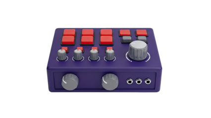 Purple audio controller with buttons and knobs on transparent background