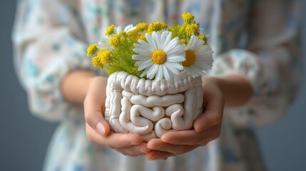 female hands holding plush intestine model with chamomile flower probiotics and prebiotics jars with digestion chart gut health healthy bowel care colon wellness and stomach concept