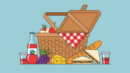 Picnic Basket with Cheese Bread Grapes Bottle and Paper Cups