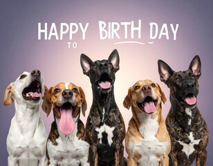 Five happy dogs with mouths open, birthday greeting on a gradient background
