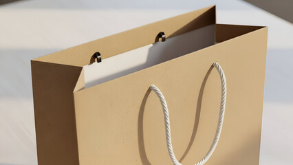 Brown Paper Shopping Bag with White Rope Handles on White Surface