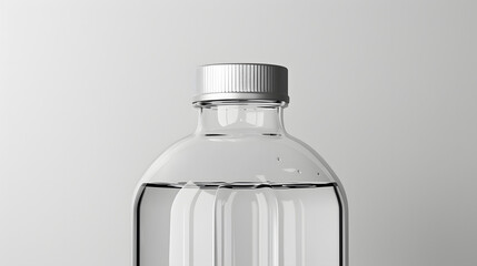 Clear plastic water bottle with silver cap on white background