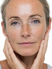 Obraz premium 50s middle aged old woman looking at camera isolated on white background advertising dry skin care treatment anti age skincare beauty plastic surgery cosmetology procedures close up half face view no