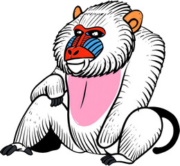 Vibrant white mandrill cartoon character with colorful face.