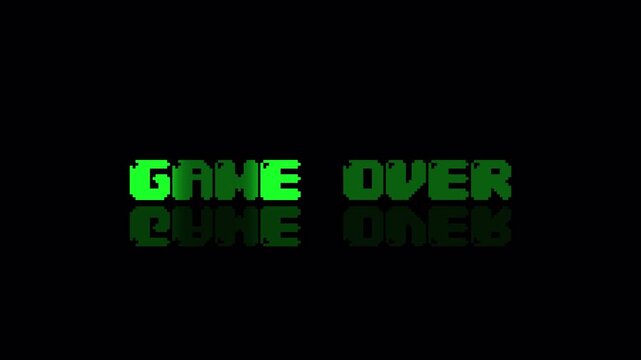 Glowing Green game over Pixel Text Animation Loop: Vintage 8-Bit Arcade Style with Reflection Background VFX 4k video animation seamless loop - Powered by Adobe