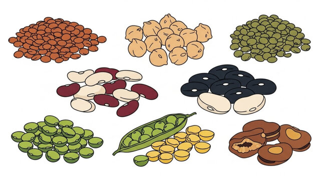 Collection of assorted legumes and beans hand-drawn illustration for healthy eating and food concepts isolated on white background