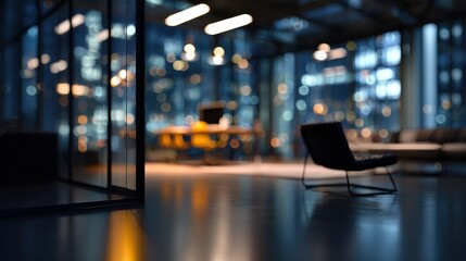 modern office interior at night with blurred lights and defocused workspace ambiance creating a serene environment