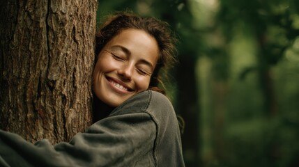 a happy woman hugging a tree in a forest smiling and embracing nature during a forest bathing session promoting outdoor relaxation and mental health