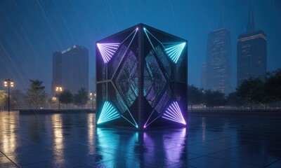 Futuristic cube structure in a rainy city at night.  Neon lights, dark metal, city backdrop