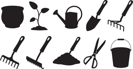Black silhouette set of gardening tools and plant pot on white background vector