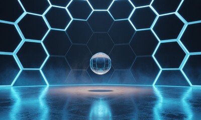 Futuristic hexagon arena with glowing light and floating sphere