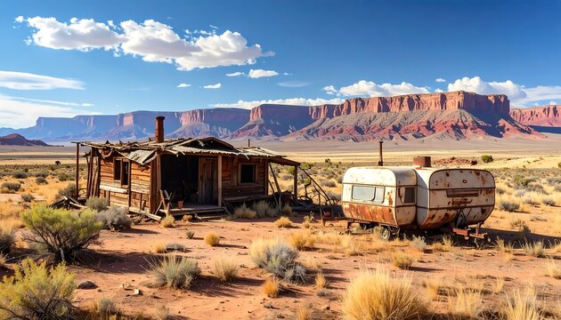 Desert landscape featuring an abandoned house and caravan under a sunny sky