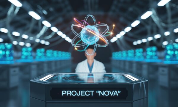 Futuristic lab scene, scientist in lab coat, atom graphic, project nova, touch screen