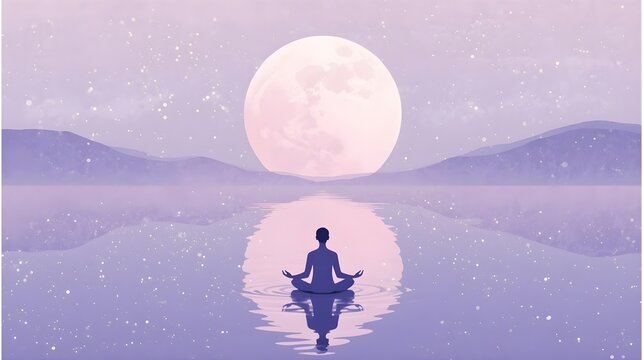 静かな心の湖に浮かぶ満月と、安らぎの中に座る人物の幻想画