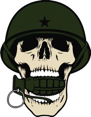 Edgy military skull wearing a green helmet while biting a grenade illustration.