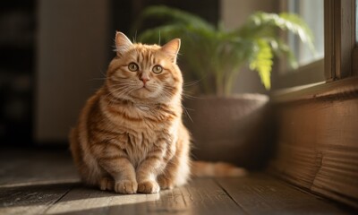 Ginger cat sits in sunlight near window