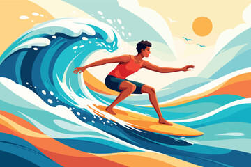 Corporate modern illustration of surfer riding wave on abstract ocean.