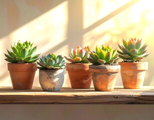 Five potted succulents basking in warm sunlight