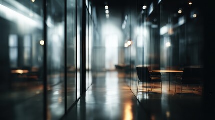 blurry abstract background of an office space with a corridor chairs glass walls and a dark ambiance
