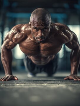 muscular bodybuilder guy doing push ups in gym no logos no brands ar 34