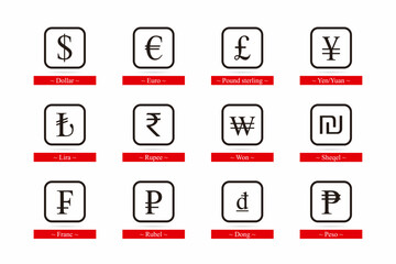 Set of Currency Symbol in Square Background