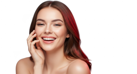 Beautiful young woman with long brown hair smiling and touching her face isolated on transparent background