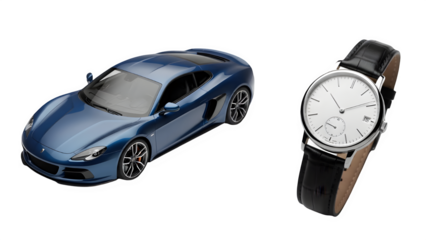 Luxury Lifestyle Concept with Blue Sports Car and Classic Wristwatch with Black Leather Strap