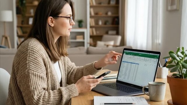 A focused young woman in glasses works at a wooden desk, actively using her smartphone and a laptop displaying a spreadsheet. This modern home office scene captures themes of remote work, digital prod