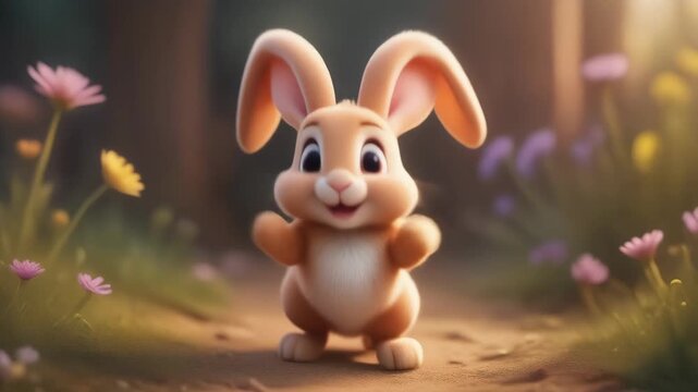 Adorable cartoon rabbit standing on a forest path surrounded by flowers.
