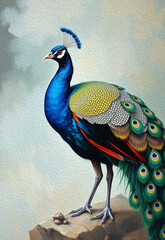 Peacock. Illustration painted with oil paint for printing on wall decorations and covers