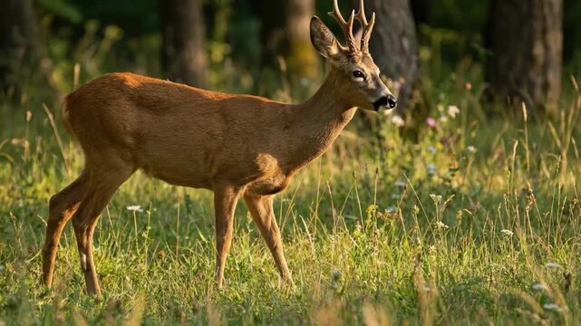 A graceful buck stands attentively in a sun-dappled meadow at the edge of a lush forest, bathed in the warm glow of natural light. Its elegant antlers are prominent against the verdant backdrop of tal
