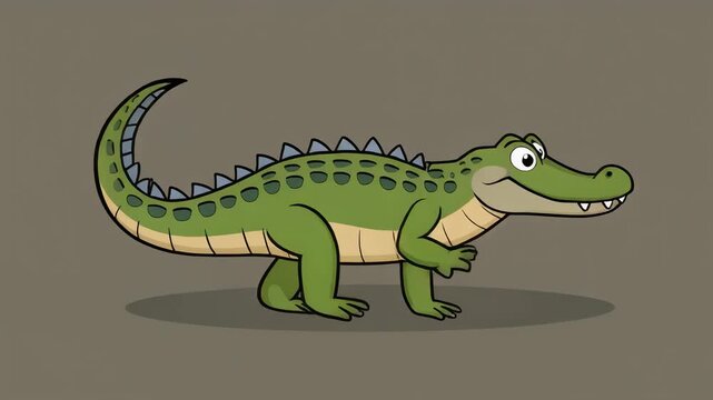 Cartoon alligator with green scaly skin and sharp teeth standing on gray background.