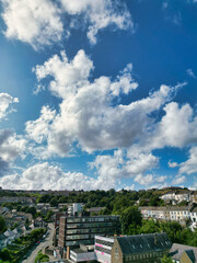 High Angle Drone Camera Footage of Swansea City Centre Near Coastal Beach During Sunny Day of July 14th, 2025. Swansea is Most Beautiful, Modern City and county on the south coast of Wales, UK