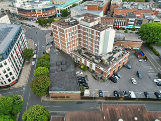 High Angle Drone Camera Footage of Swansea City Centre Near Coastal Beach During Sunny Day of July 14th, 2025. Swansea is Most Beautiful, Modern City and county on the south coast of Wales, UK