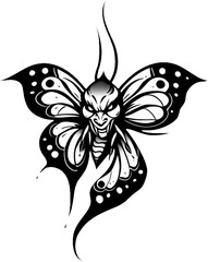 Dark moth demon illustration featuring a menacing face and sharp tribal wings.