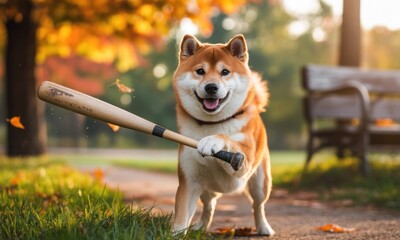 Playful Shiba Inu with baseball bat in park. Autumn foliage surrounds the dog as it holds a bat in a dynamic pose