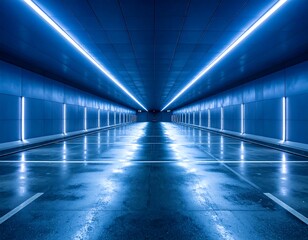 Fototapeta premium Symmetrical tunnel, illuminated blue, with reflective floor