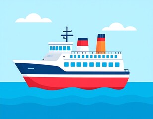 Flat illustration of a ferryboat sailing on a stylized blue ocean