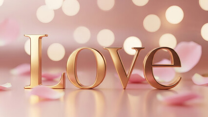 Golden love lettering with rose petals and bokeh lights
