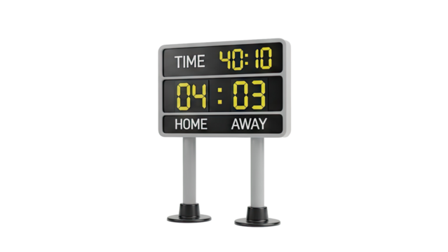 Digital scoreboard showing time and score on transparent background - Powered by Adobe