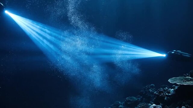 Underwater Exploration Scene with Spotlight Shining on Ocean Floor Landscape