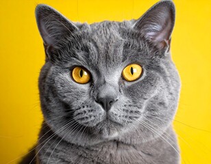 Close-up of a grey cat with striking yellow eyes against a yellow backdrop
