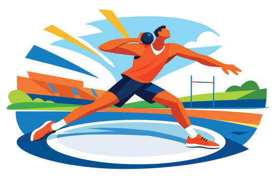 Corporate modern illustration of athlete swinging hammer throw with circular motion.