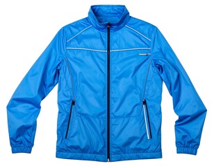 Flat lay of a bright blue windbreaker with reflective accents