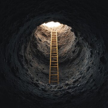 Ladder inside deep dark hole leading to bright sky light. Concept of escape, hope, freedom, overcoming obstacles and road to success.